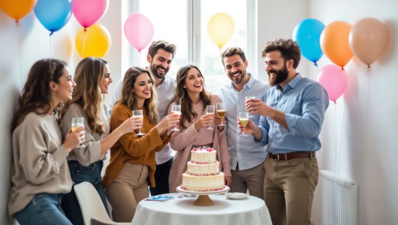 A team of employees joyfully celebrates in an office break room, surrounded by colorful balloons and a delicious cake, symbolizing a positive work environment that supports work-life balance and family-friendly policies. The atmosphere reflects camaraderie and appreciation among colleagues, highlighting the importance of mental and physical health in the workplace.